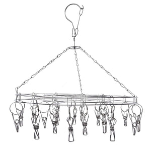Clothes Hanger drying rack with silver stainless steel frame, circular shape, and multiple hanging clips on chains