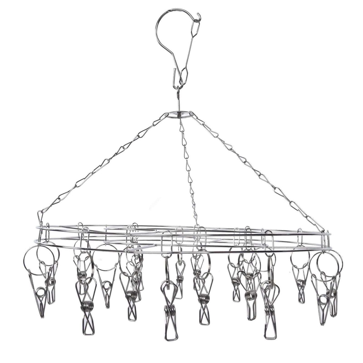 Clothes Hanger drying rack with silver stainless steel frame, circular shape, and multiple hanging clips on chains