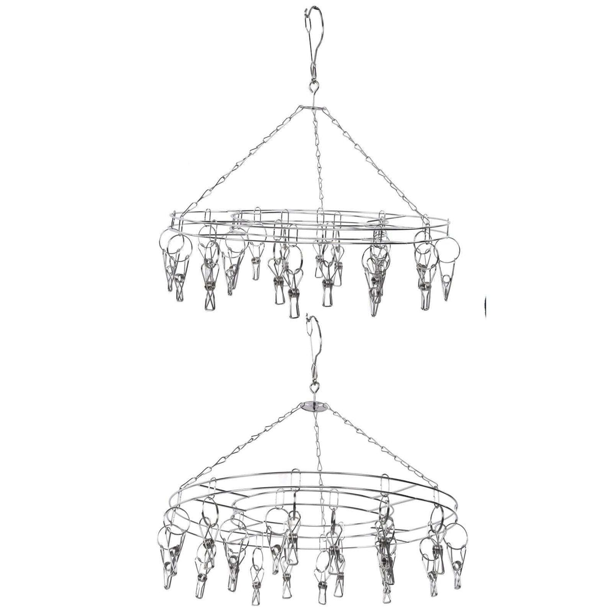 Clothes Hanger drying rack in silver stainless steel, featuring a circular frame with hanging chains and multiple clips
