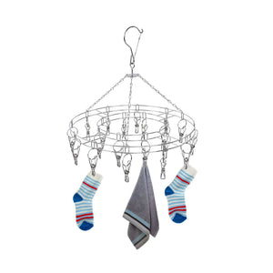 Clothes Hanger drying rack in silver stainless steel wire, with circular rings, multiple clips and a hanging hook