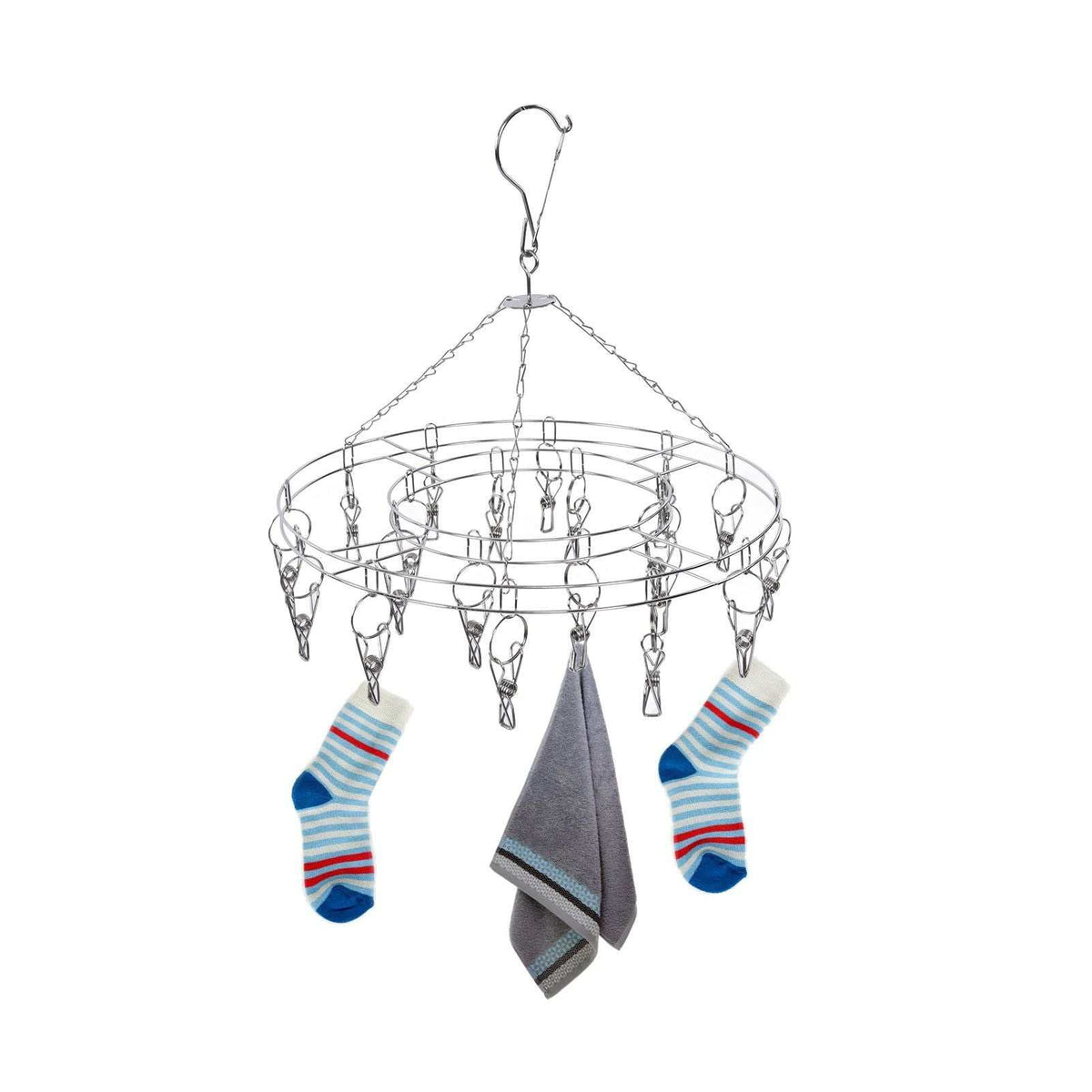 Clothes Hanger drying rack in silver stainless steel wire, with circular rings, multiple clips and a hanging hook