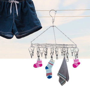 Clothes Hanger drying rack in silver stainless steel, with hanging clips holding colourful socks and a grey towel
