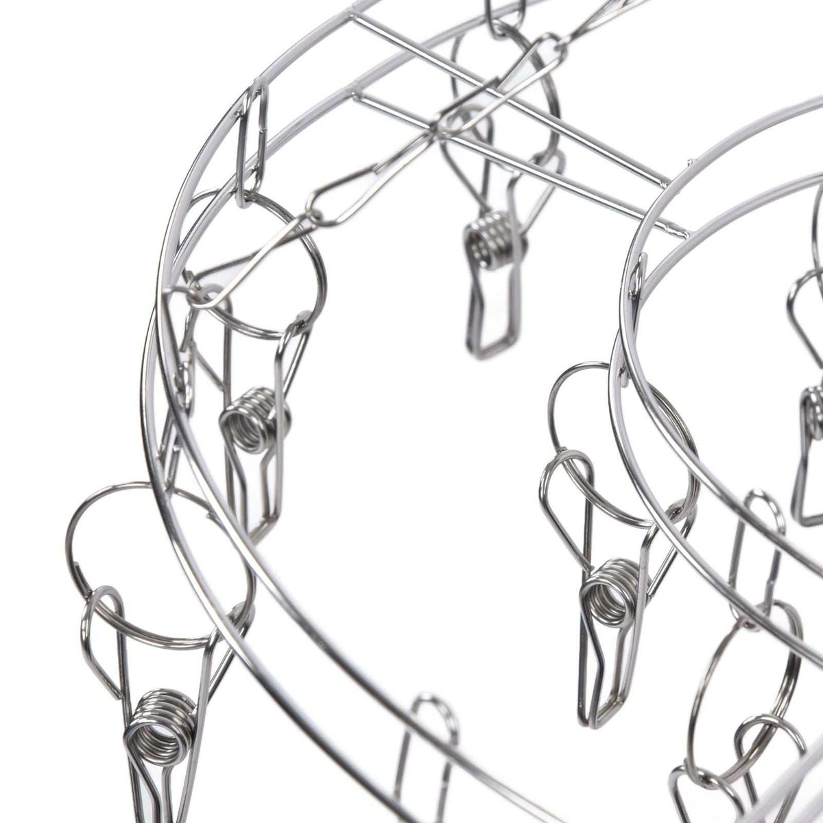 Clothes Hanger drying rack in shiny stainless steel, featuring a circular frame with numerous spring clips for small garments