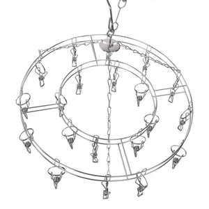 Clothes Hanger drying rack in shiny stainless steel with a circular frame, multiple clips and a hanging hook