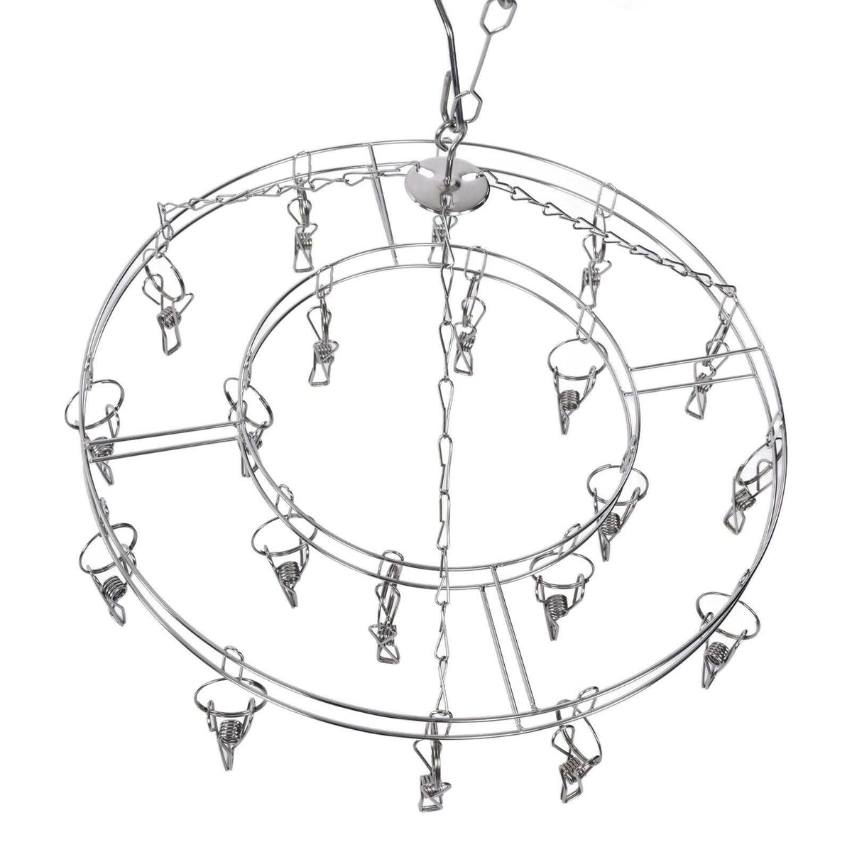 Clothes Hanger drying rack in shiny stainless steel with a circular frame, multiple clips and a hanging hook