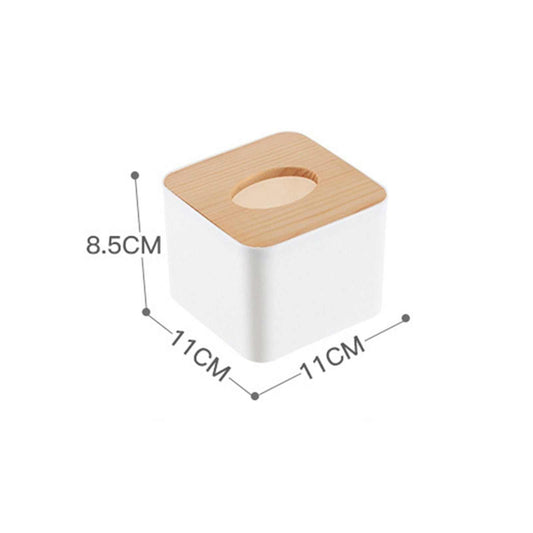 Tissue Box Holder with a white rectangular body and light wood-grain lid, oval tissue opening and compact shape