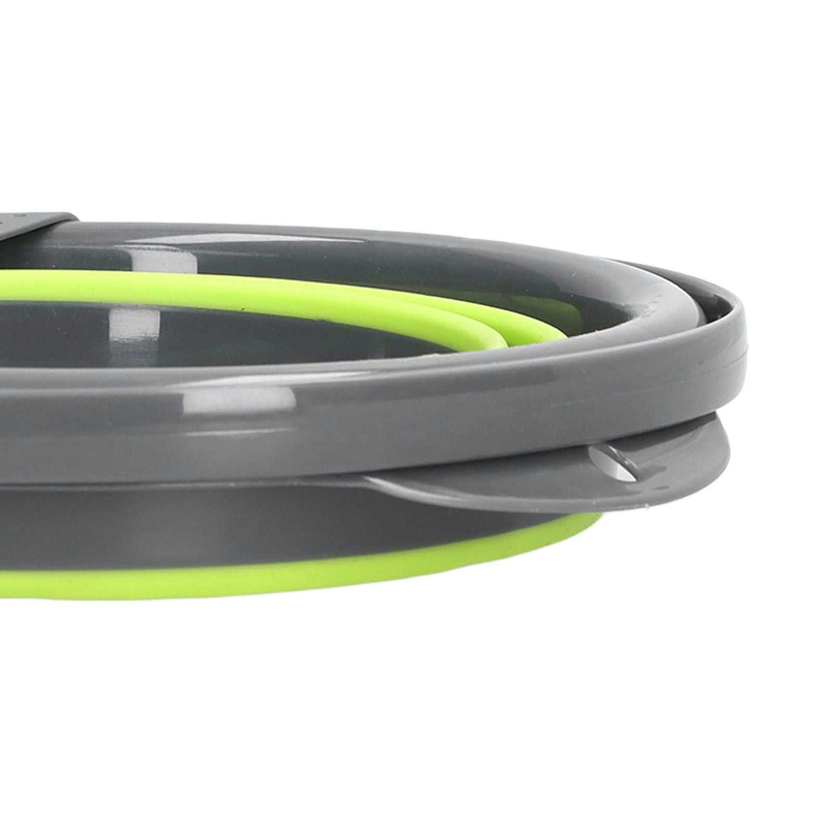 Collapsible Bucket folded flat with a grey plastic rim and bright lime-green flexible body, showing its compact design