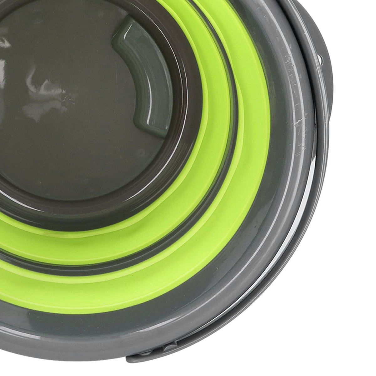 Collapsible Bucket in dark grey and bright lime green, showing nested flexible rings and a molded handle grip.