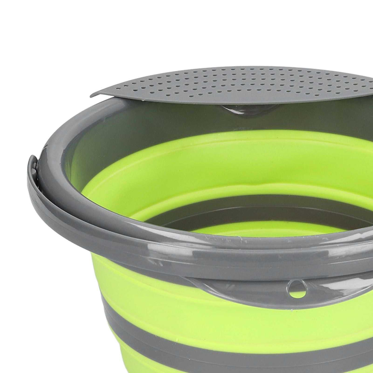 Collapsible Bucket with a bright lime green accordion body, dark grey rim and bands, plus a perforated grey lid