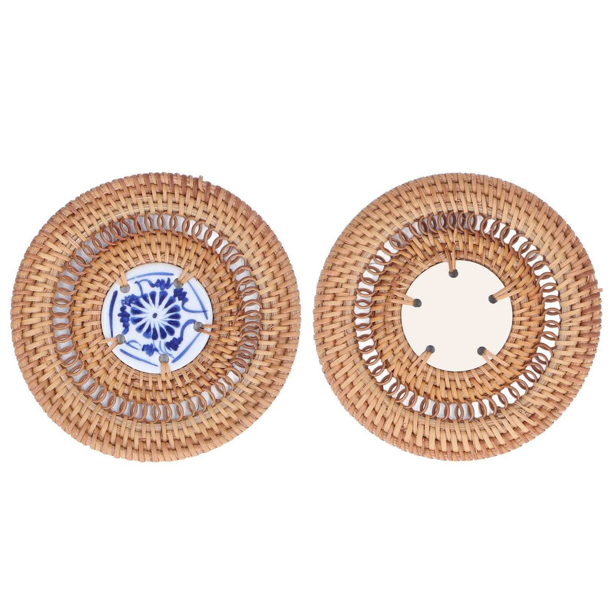Blue and White Porcelain Coaster with a blue floral porcelain center and a natural tan woven rattan rim