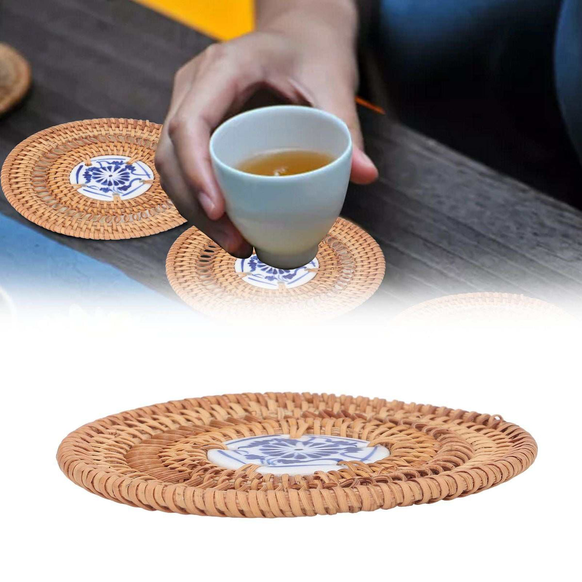Blue and White Porcelain Coaster with a tan woven rattan rim and a blue floral porcelain center