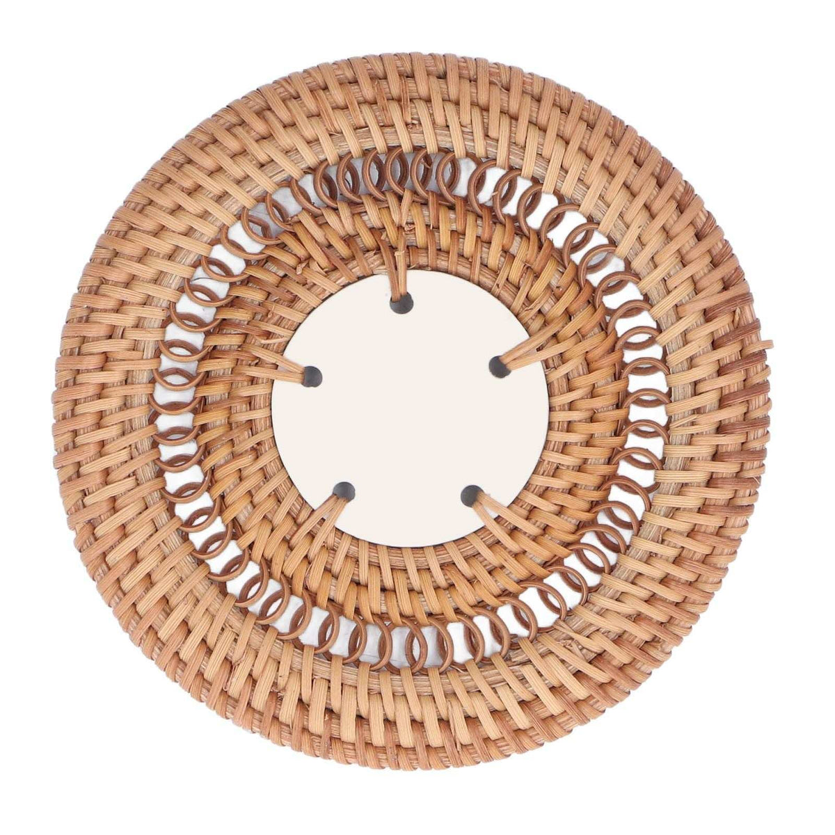 Blue and White Porcelain Coaster with a tan woven rattan body and open circular center, shown from below