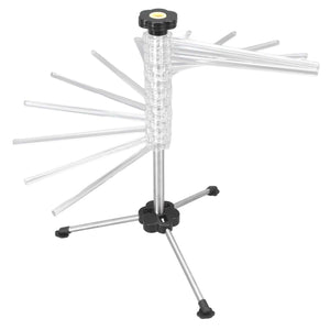 Pasta drying rack Manual Rotation Pasta Drying Rack with clear plastic arms, a stainless steel post and black tripod base