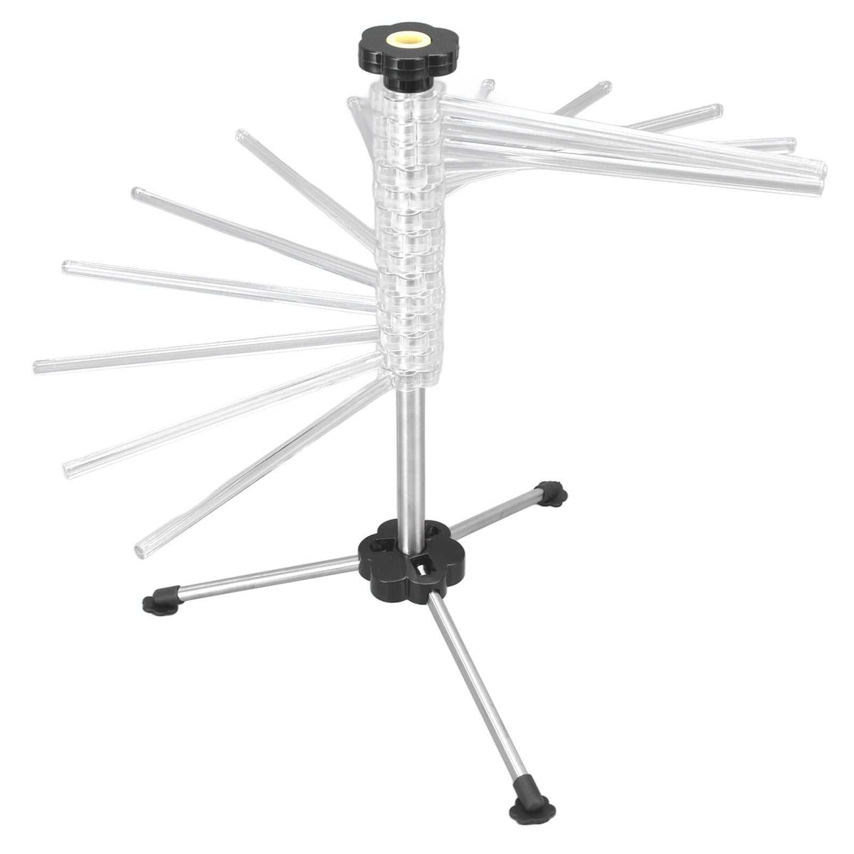 Pasta drying rack Manual Rotation Pasta Drying Rack with clear plastic arms, a stainless steel post and black tripod base