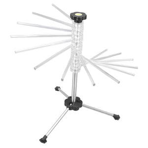 Manual Rotation Pasta Drying Rack with a clear plastic central column, silver metal arms and black adjustment knobs