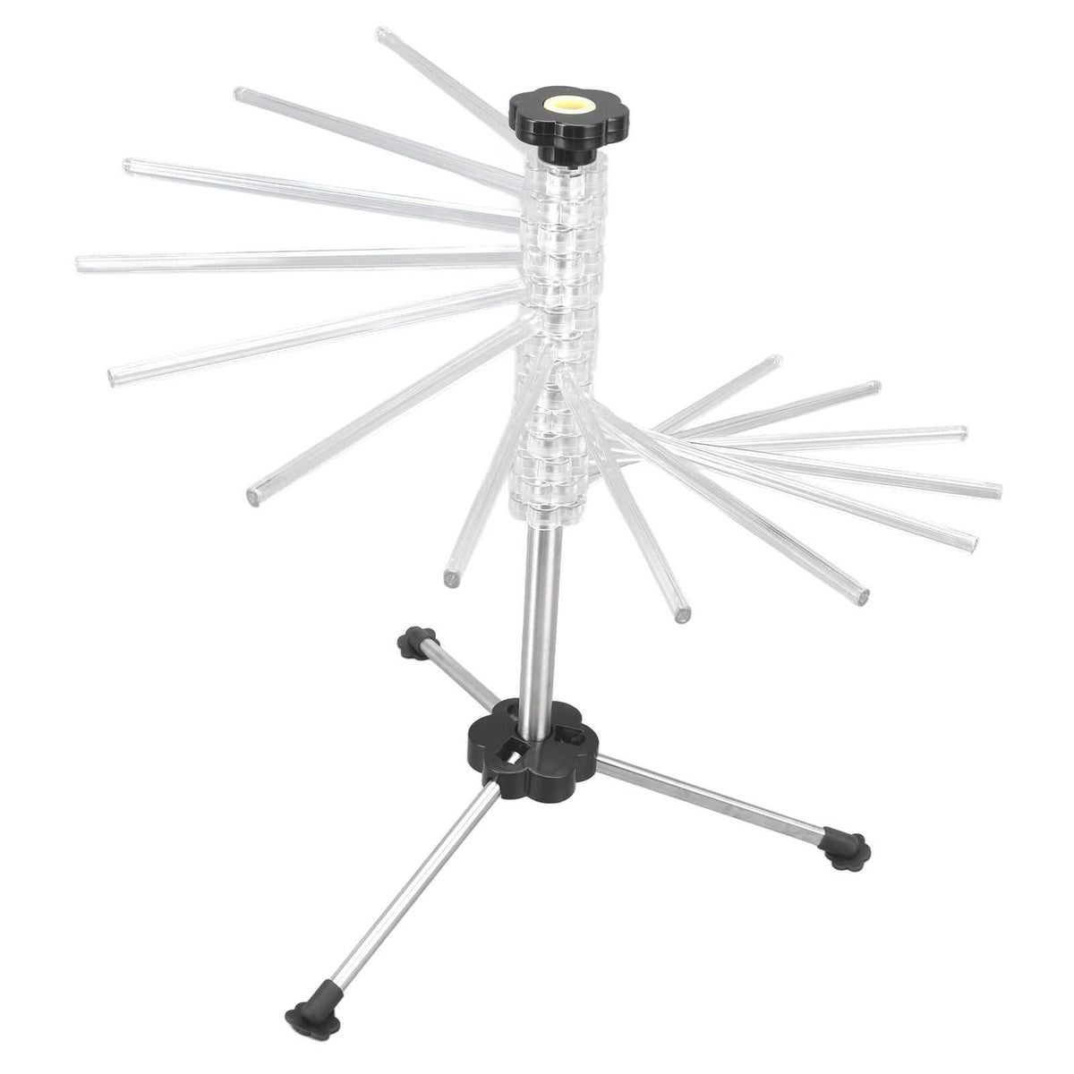Manual Rotation Pasta Drying Rack with a clear plastic central column, silver metal arms and black adjustment knobs