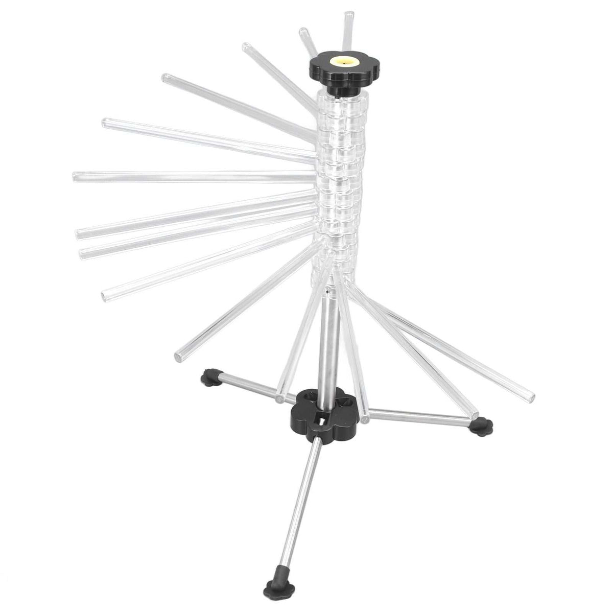 Manual Rotation Pasta Drying Rack with clear plastic body, silver metal arms and a black three-leg base