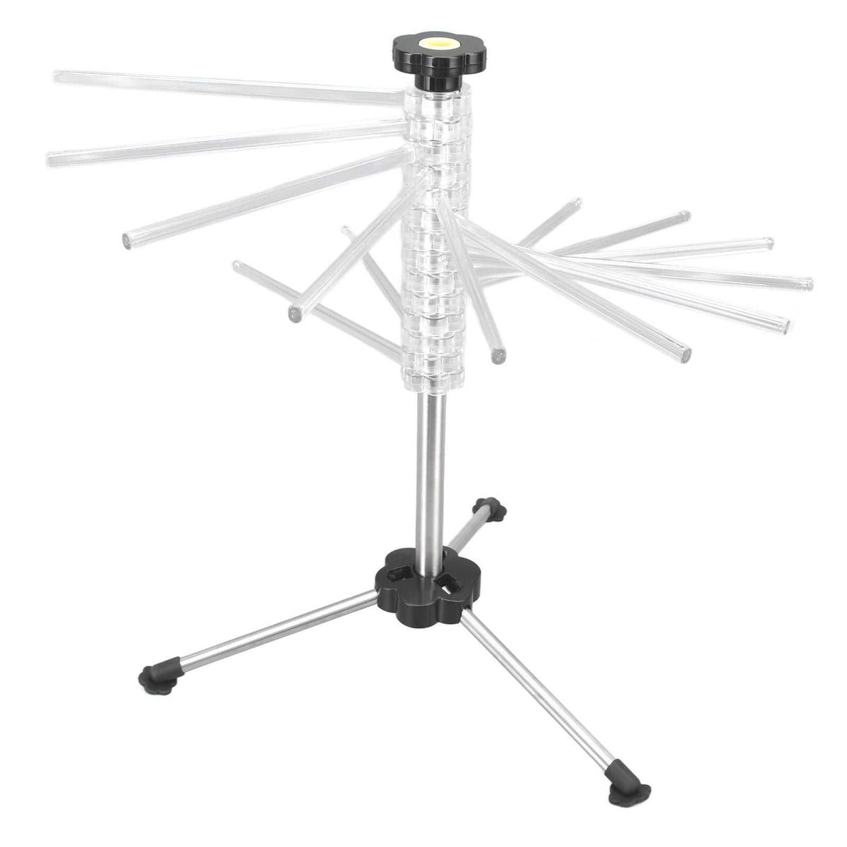 Manual Rotation Pasta Drying Rack with clear plastic arms, stainless steel shaft and three black non-slip feet