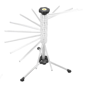 Manual Rotation Pasta Drying Rack with clear plastic radial arms, stainless steel tripod legs and a black rotary top