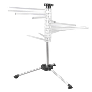 Manual Rotation Pasta Drying Rack with clear plastic arms, stainless steel pole and a black three-leg folding base