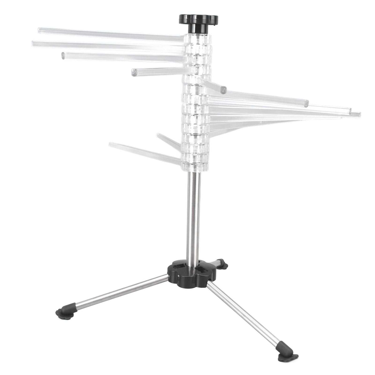 Manual Rotation Pasta Drying Rack with clear plastic arms, stainless steel pole and a black three-leg folding base