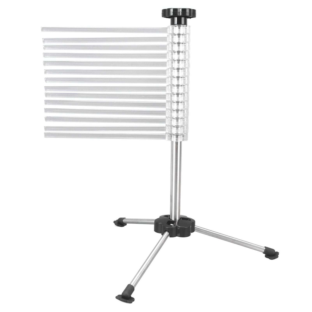 Manual Rotation Pasta Drying Rack with clear horizontal drying arms, stainless steel pole, black knob and tripod base