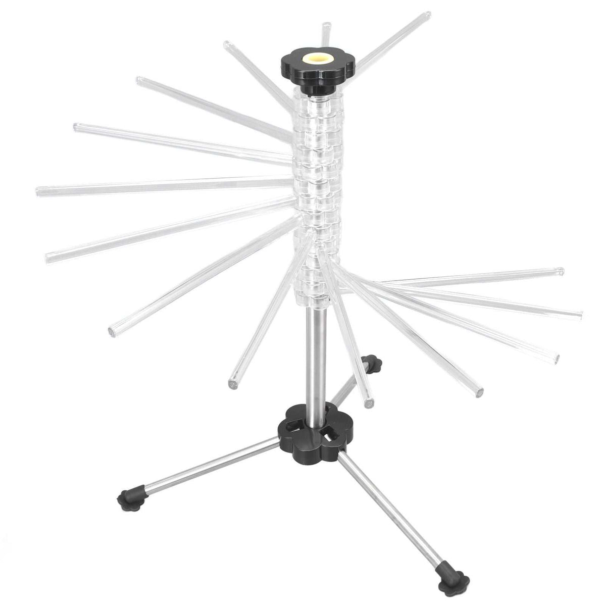 Manual Rotation Pasta Drying Rack with a clear plastic and stainless steel frame, radiating drying arms and three-leg base