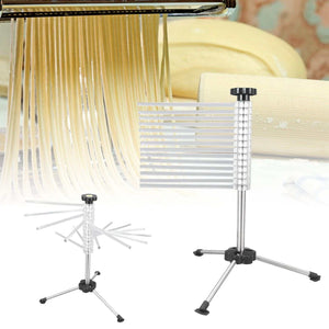 Manual Rotation Pasta Drying Rack in silver stainless steel with clear horizontal arms and a three-leg base