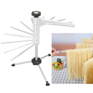 Manual Rotation Pasta Drying Rack with clear plastic radial arms, silver steel pole and three-leg black base