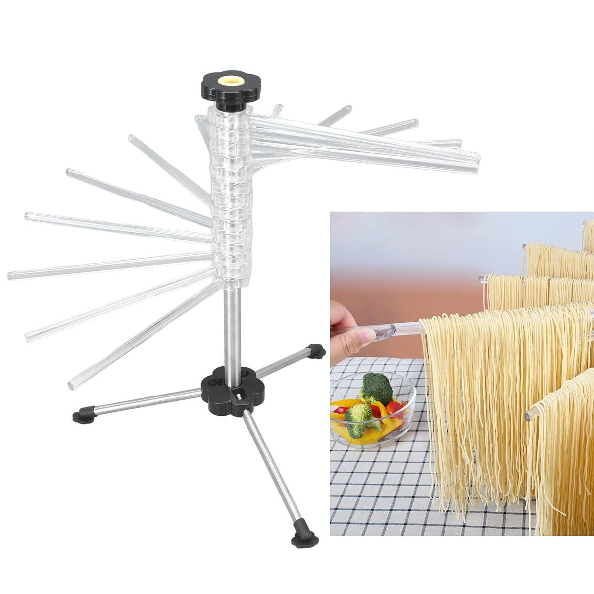 Manual Rotation Pasta Drying Rack with clear plastic radial arms, silver steel pole and three-leg black base