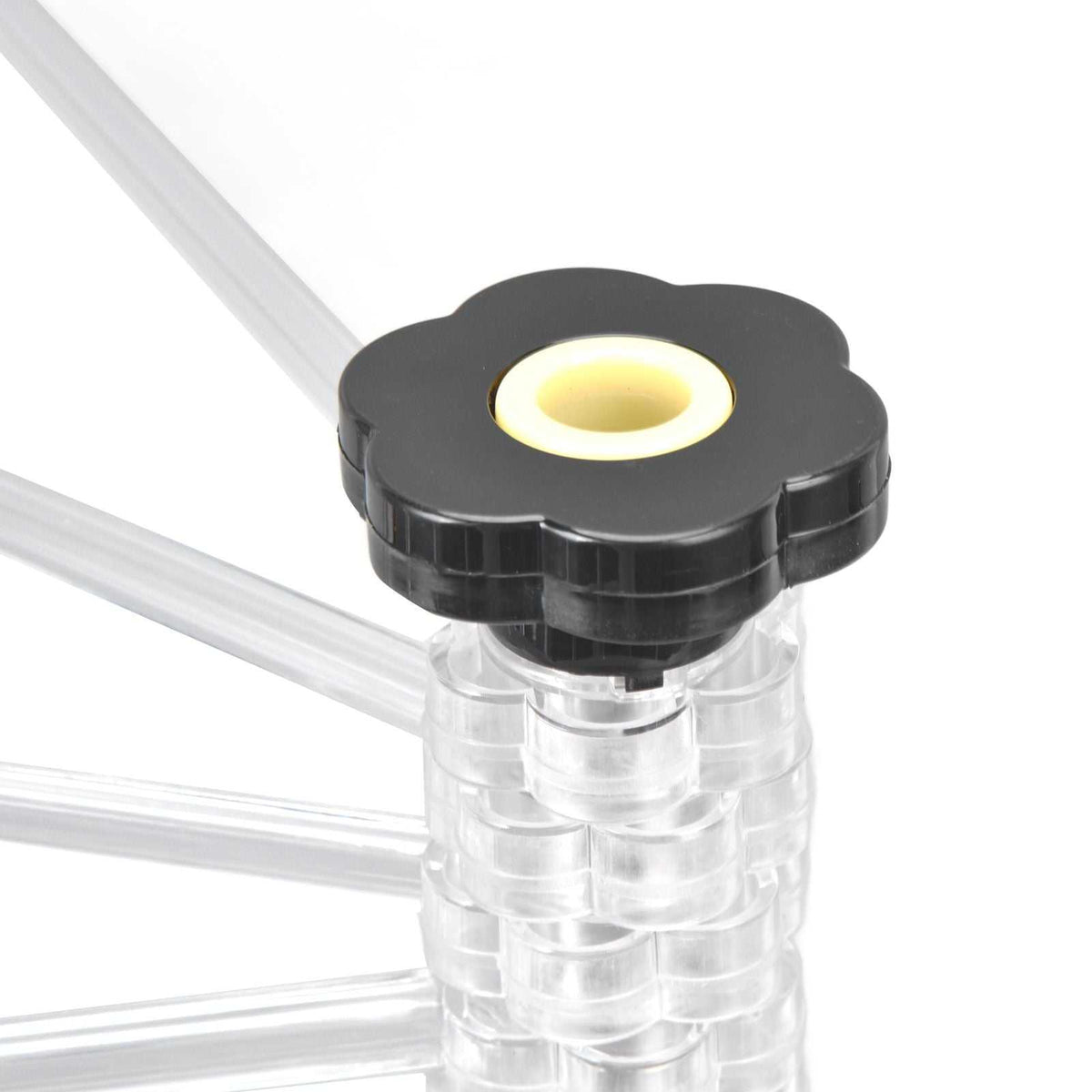 Manual Rotation Pasta Drying Rack with a black flower-shaped plastic hub, pale yellow center and clear plastic rods