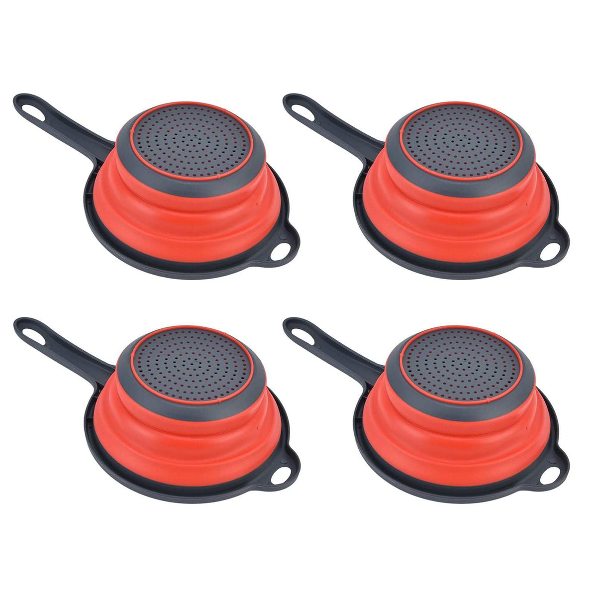 4PCS Collapsible Colander set in red food-grade plastic, with black rims, perforated tops, handles and hanging holes