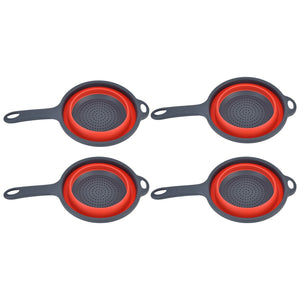 4PCS Collapsible Colander set with four round strainers, red folding silicone bowls, dark gray plastic handles and hanging holes