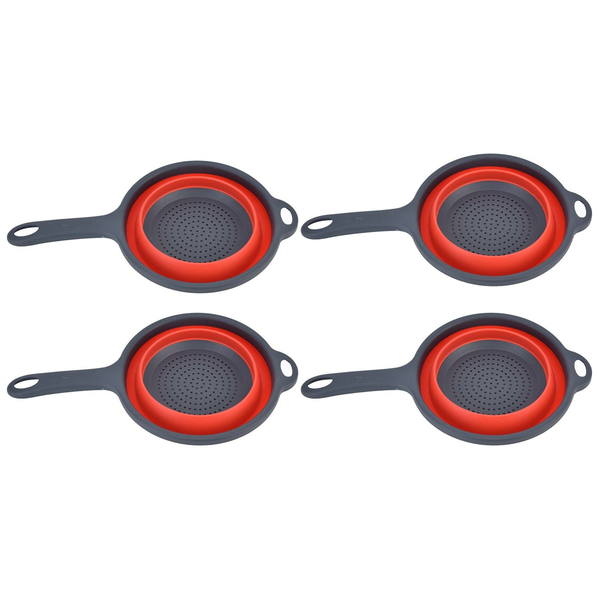 4PCS Collapsible Colander set with four round strainers, red folding silicone bowls, dark gray plastic handles and hanging holes