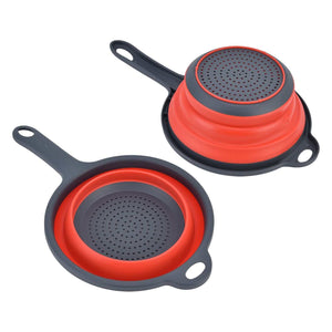 4PCS Collapsible Colander set in red and charcoal plastic, with perforated bowls, long handles and hanging holes