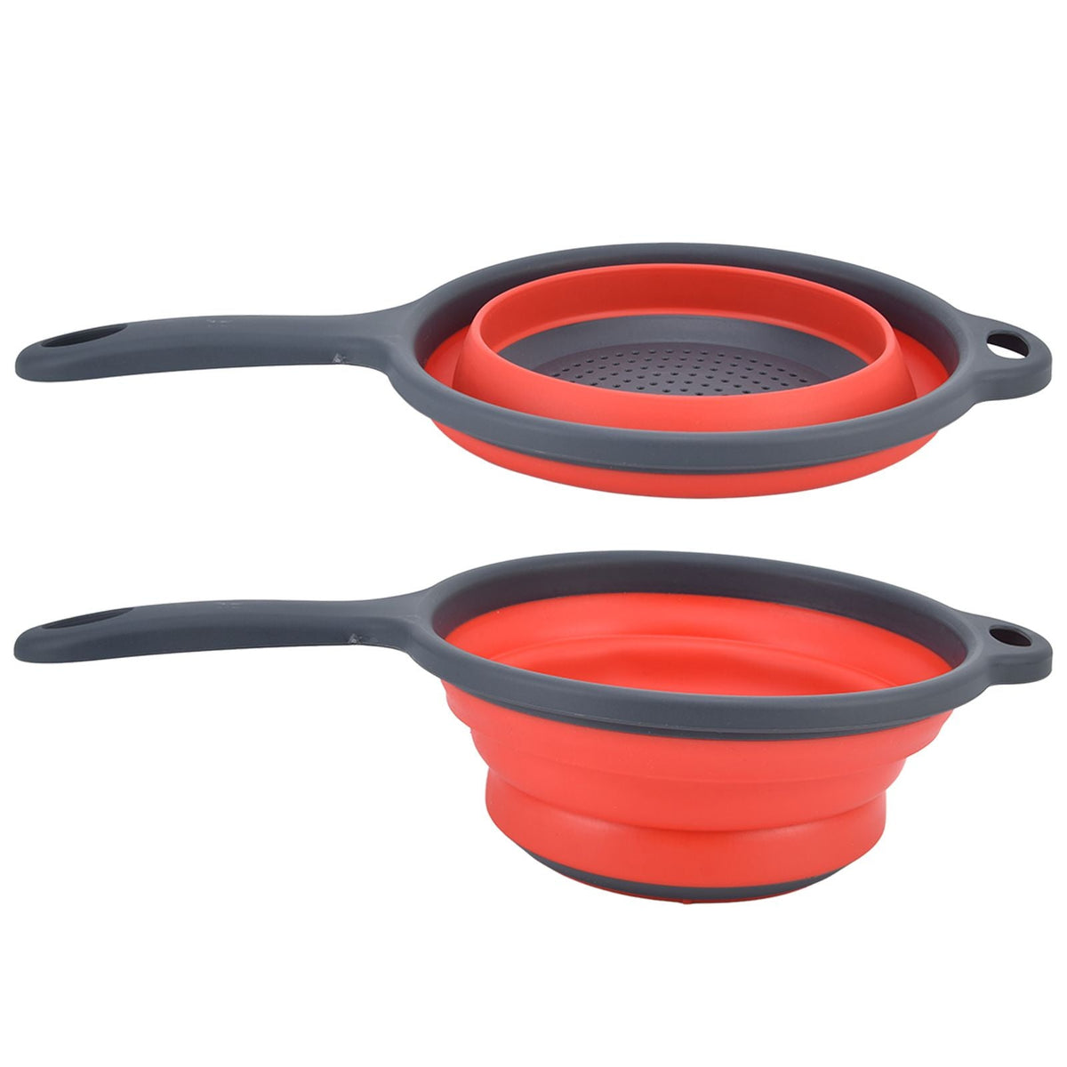 4PCS Collapsible Colander set with red food-grade plastic bowls, dark gray handles, perforations and folding design