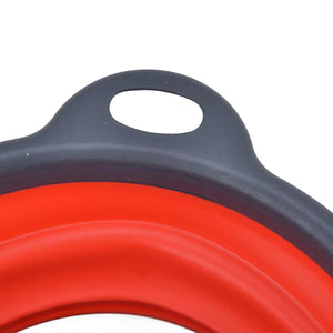 4PCS Collapsible Colander in red plastic with a dark gray rim and oval hanging hole, shown folded flat