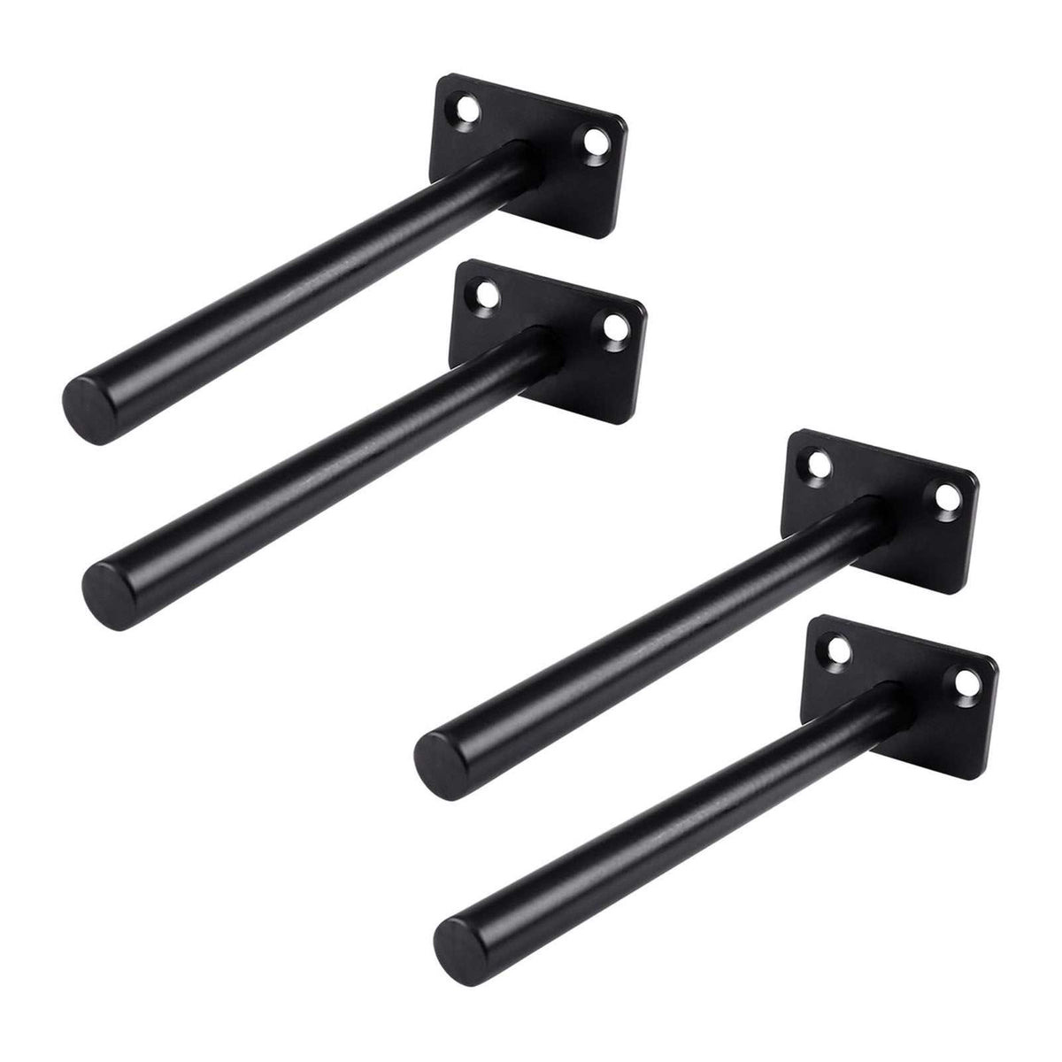 Hidden Floating Shelf Bracket set with four black metal rods and rectangular wall plates, each with two screw holes