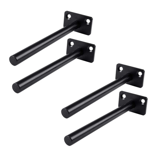 Hidden Floating Shelf Bracket set with four black metal rods and rectangular wall plates, each with two screw holes