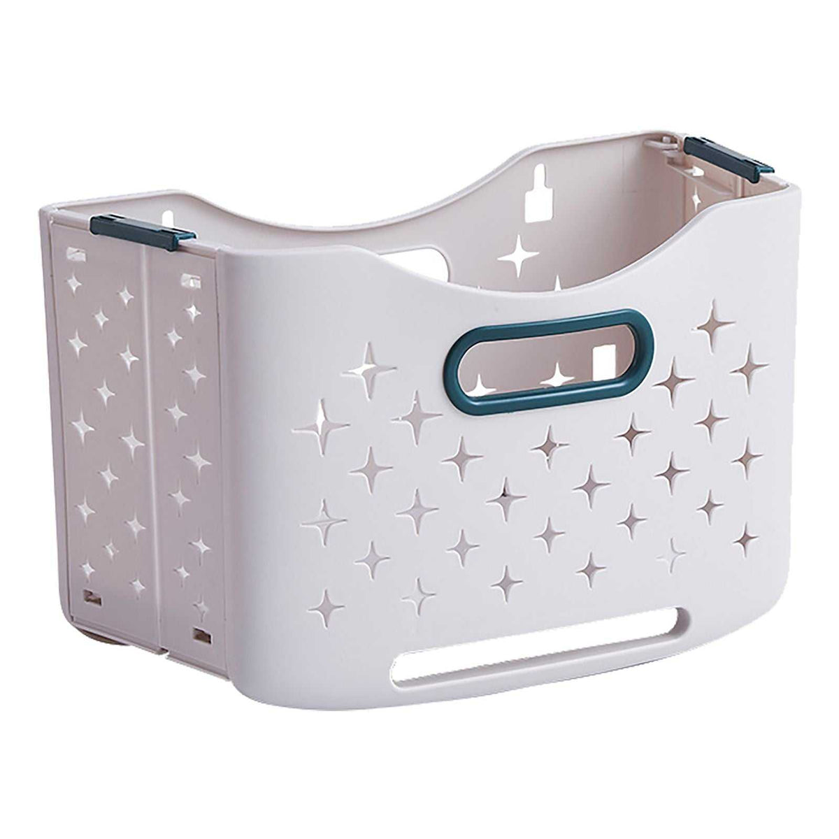 Collapsible Laundry Basket in pale lavender plastic with star-shaped ventilation cutouts and teal-edged handles