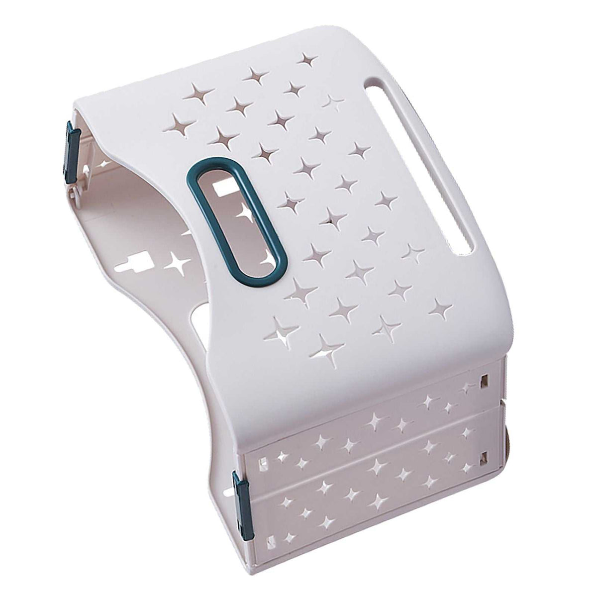 Collapsible Laundry Basket in pale lavender plastic with star-shaped ventilation cutouts, teal-trimmed handle and folding hinges
