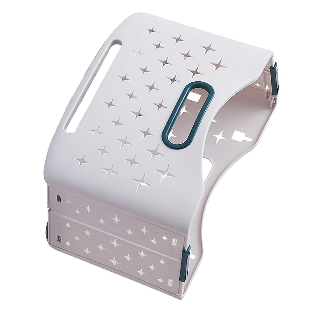 Collapsible Laundry Basket in pale lavender plastic with star-shaped ventilation cutouts, teal trim and fold-flat sides