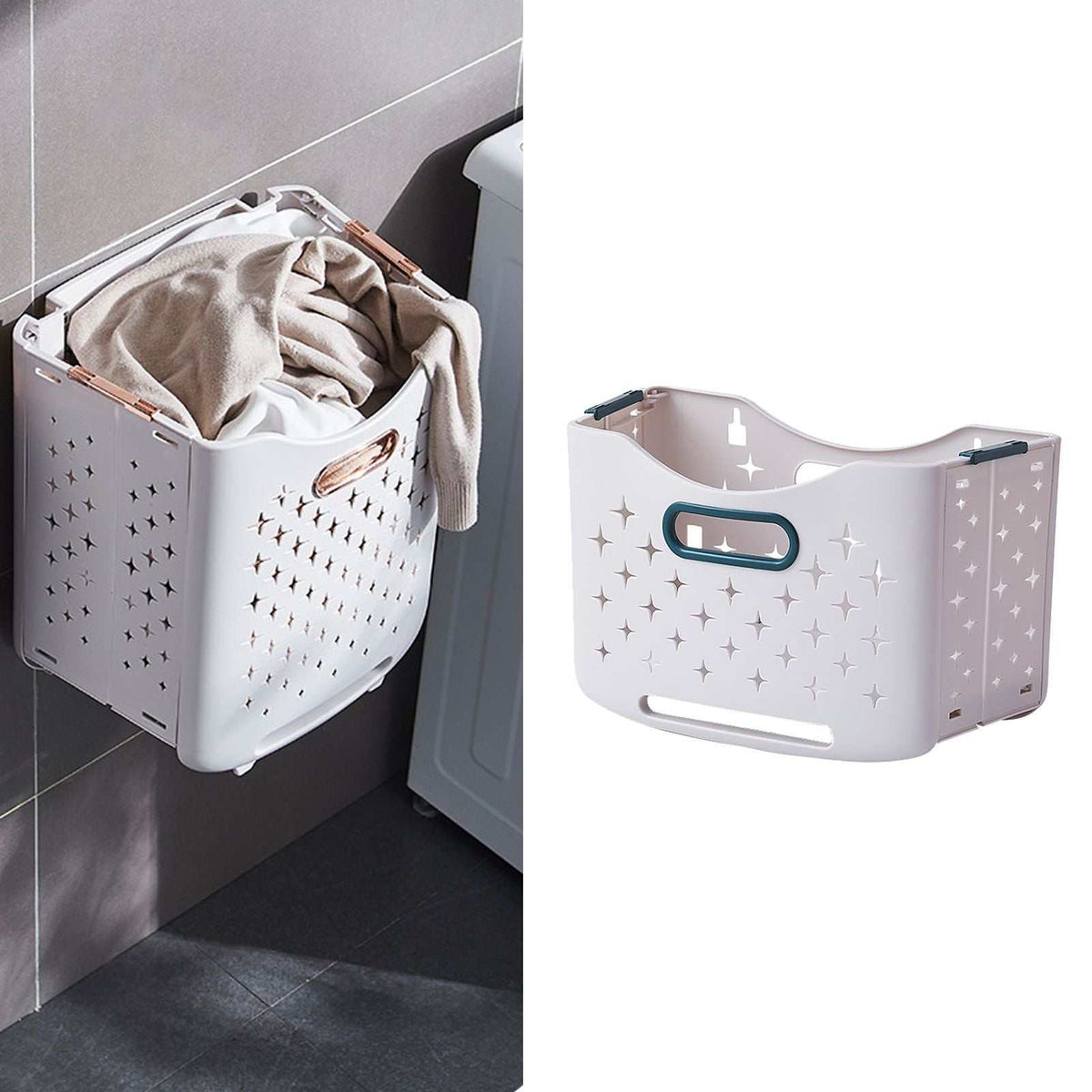 Collapsible Laundry Basket in pale grey plastic with star-shaped ventilation holes, teal handles and folding side panels