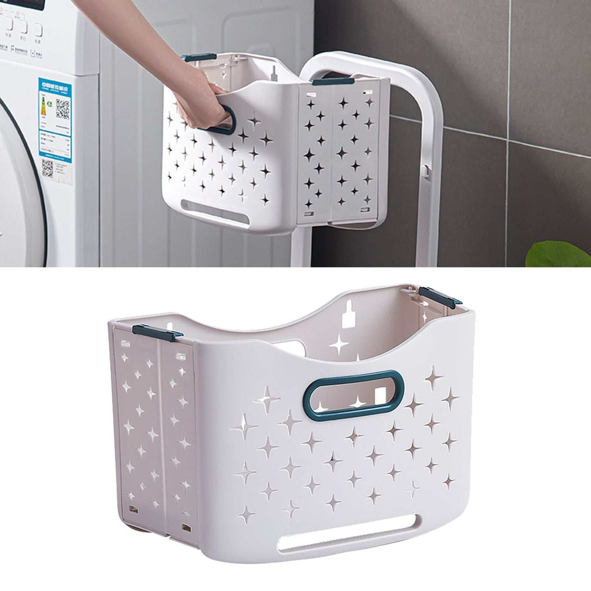 Collapsible Laundry Basket in pale lavender plastic with dark teal handles, perforated star patterns and a fold-flat design