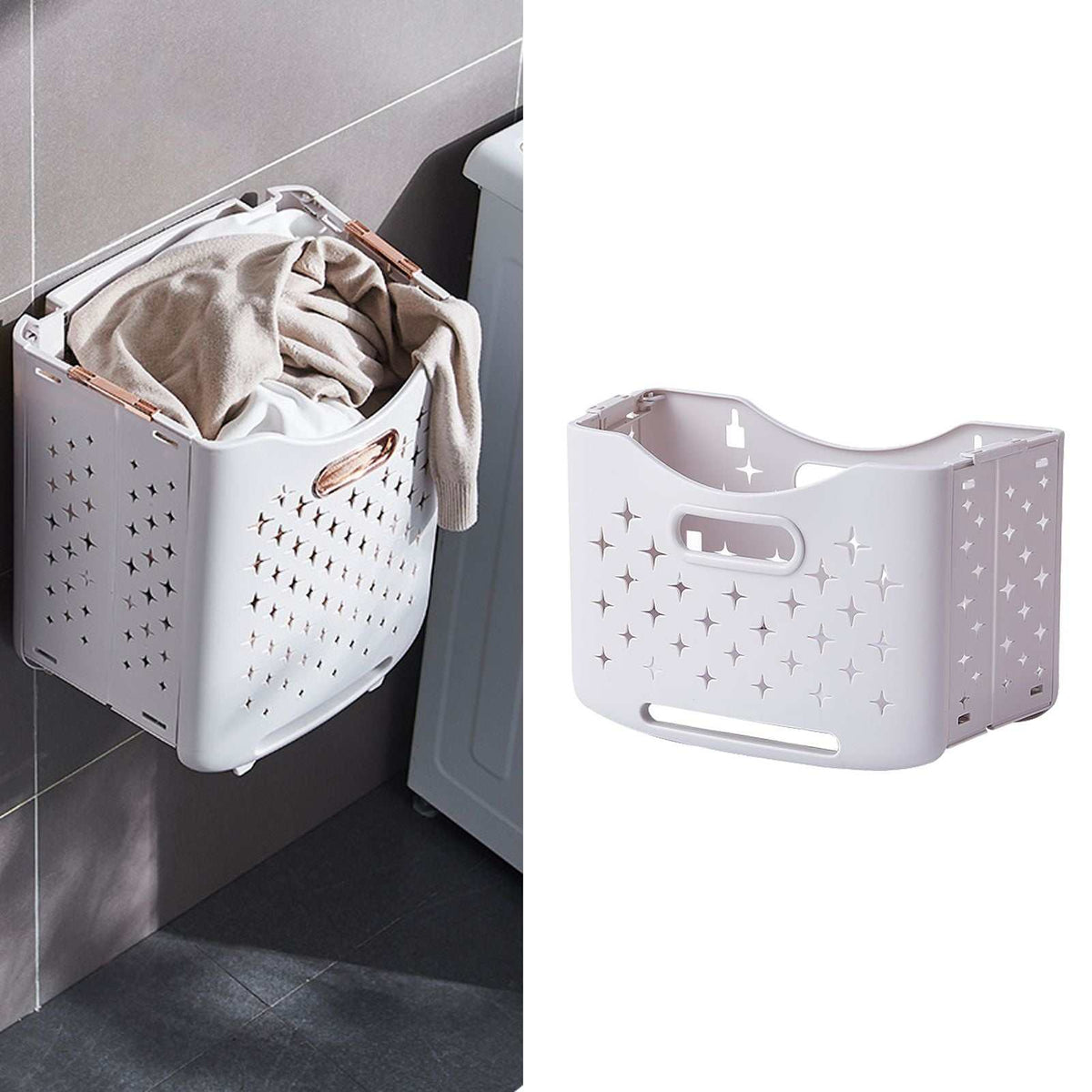 Collapsible Laundry Basket in ivory white plastic, with star-shaped ventilation cutouts, side handles and fold-flat panels