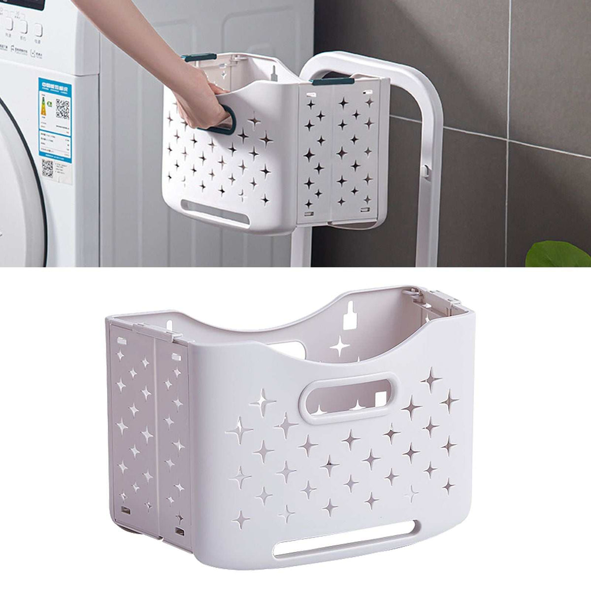 Collapsible Laundry Basket in pale ivory-white plastic with star-shaped ventilation cutouts, folding sides and integrated handles