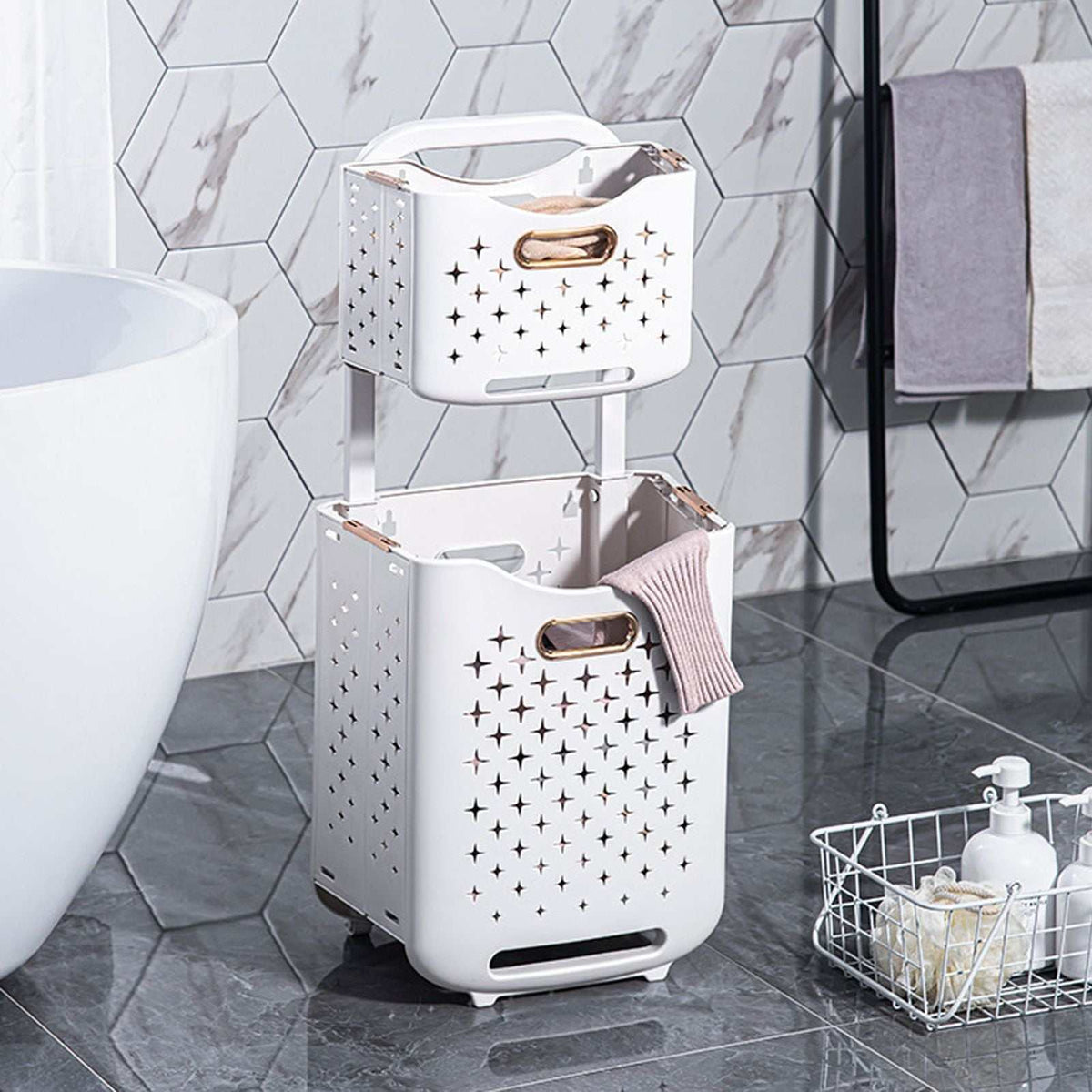 Collapsible Laundry Basket in white plastic with two stacked ventilated tiers, side handles and decorative star-shaped holes