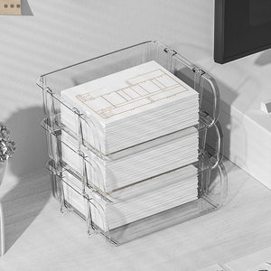 Transparent Desktop Stationery Organizer in clear plastic, stacked in two tiers with papers neatly sorted inside.