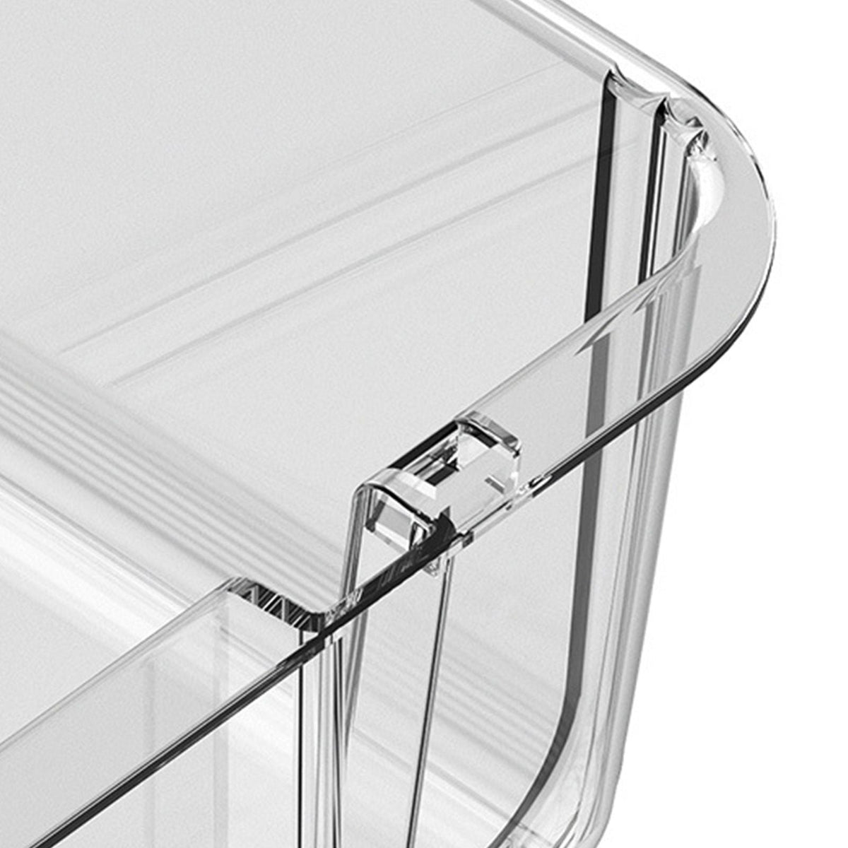 Transparent Desktop Stationery Organizer made of clear plastic, with a smooth rounded corner and interlocking stackable edge