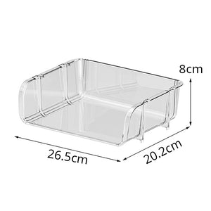 Transparent Desktop Stationery Organizer with clear plastic walls, an open top, and low stackable sides measuring 26.5 by 20.2 by 8 cm
